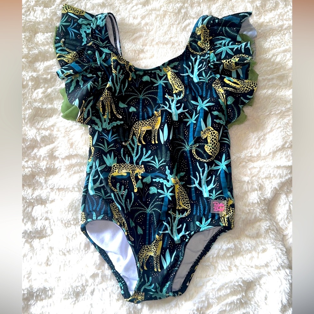 Ruffle Butts On Safari One piece swimsuit with ruffle sleeves and bow on back